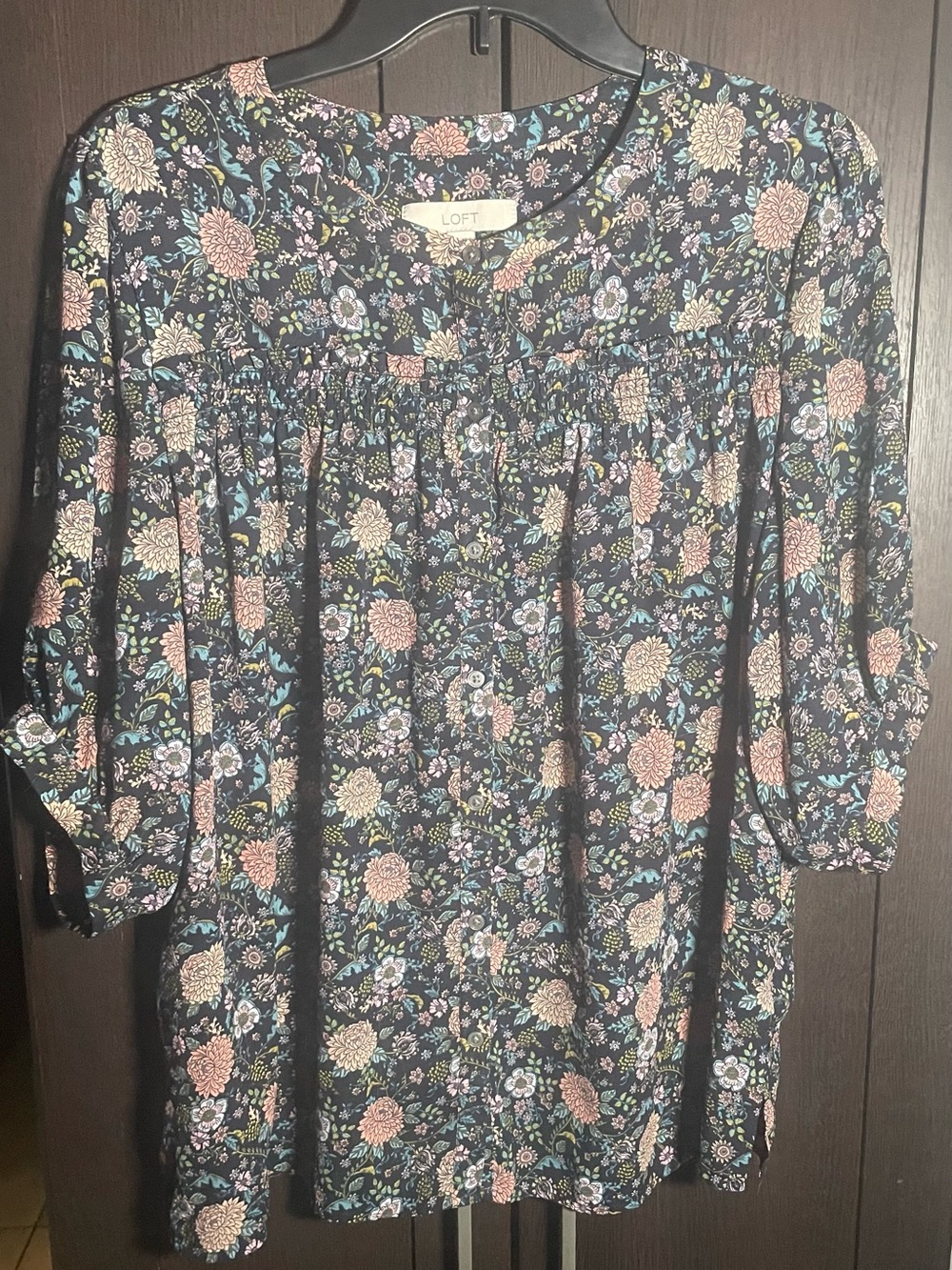 LOFT Black Floral Peasant Tunic with‎ Pink & Cream Flowers Cottage Core